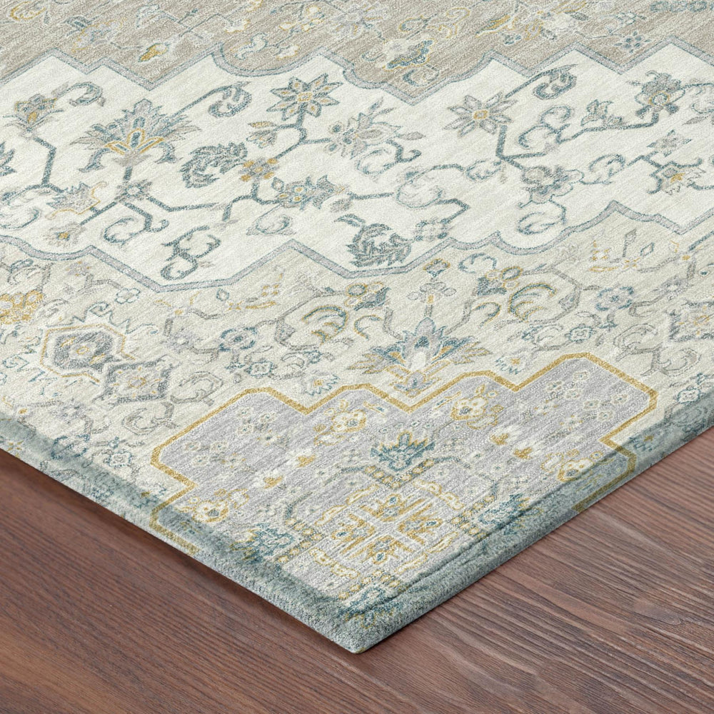HomeRoots Medallion Polyester Area Rug Machine Washable Uv Resistant Ivory Taupe Indoor Outdoor Patio 5' x 8' 726990