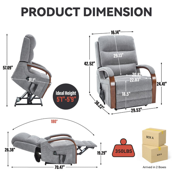 English Elm Power Lift Recliner Chair Chenille Upholstery Dual Motor Heat Massage Solid Wood Arms Gray W1803S00066