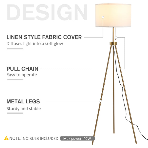 English Elm Homcom Elegant 59.75" Gold Tripod Floor Lamp with Fabric Shade, E26 Socket, 118" Cord, Stable Steel Base W2225P173947