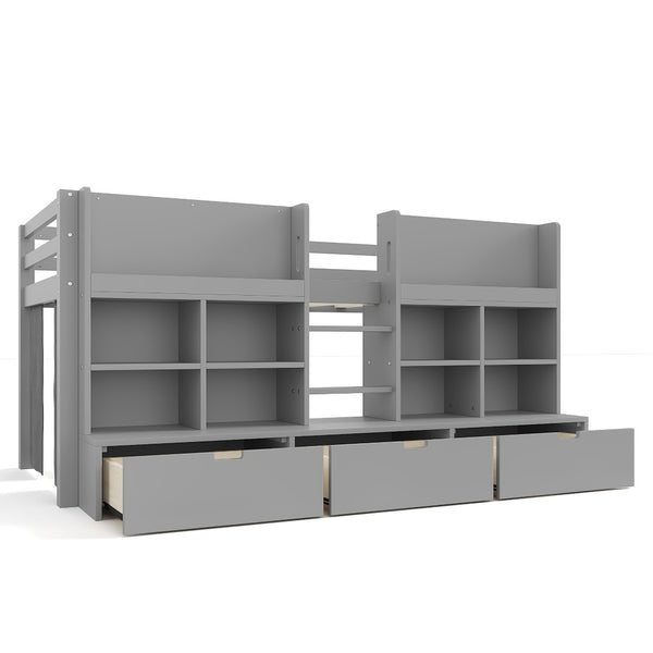 English Elm Full Bunk Bed with Trundle Bookshelf Storage Pine Frame Car Design for Kids W1580S00398