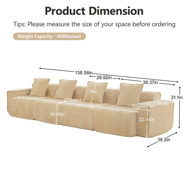 English Elm Streamlined Velvet Modular Sofa Four Seat Deep Cloud Foam French Piping Living Room Light Camel W3041S00354