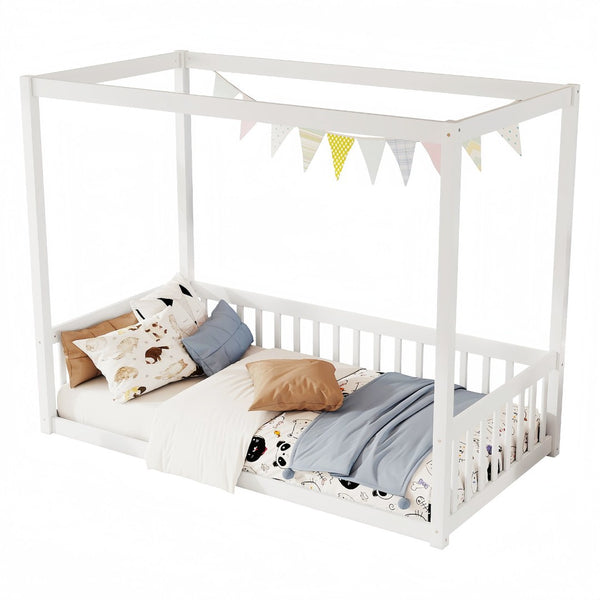 English Elm Twin Canopy Floor Bed Rubberwood Frame with Fence Guardrails for Kids Bedroom White W504P351802