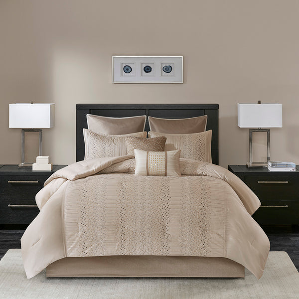 JLA Home Madison Park - 8 Embroidered Comforter Ensemble with Faux-Silk Sheen, Geometric Stitching, Euro Shams & Bed Skirt 92 L x 104 W x 1.5H MP10-4689