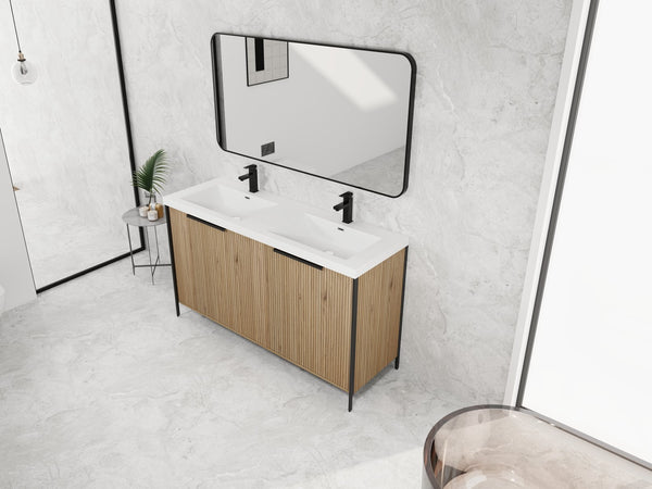 English Elm 60" Freestanding Bathroom Vanity with Double Resin Sink, Soft-Close Doors, Adjustable Shelves, Water-Resistant Finish W999S00383