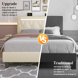 English Elm King Bed Frame With Adjustable Headboard, Led Lighting & Usb Charging - Upholstered Platform Design T3825P370072