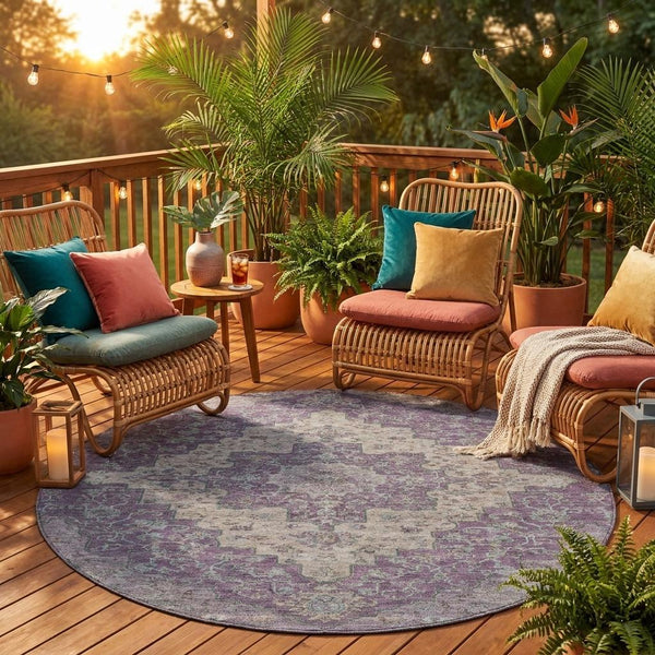 8 Foot Round Medallion Polyester Area Rug Washable Uv Resistant Indoor Outdoor Use