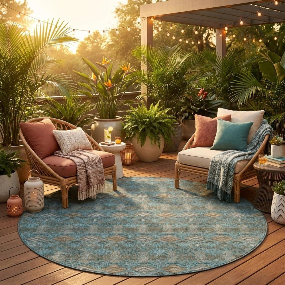 8 Foot Round Geometric Polyester Area Rug for Indoor Outdoor Patios and Living Rooms
