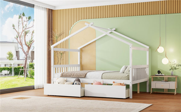 English Elm Twin House Bed Solid Pine Kids Cottage Frame with Storage Drawers Imaginative Room N708P309247K