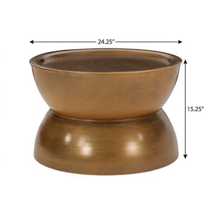 15 Inch Antiqued Gold Iron Hourglass Side Table with Distressed Glam Finish