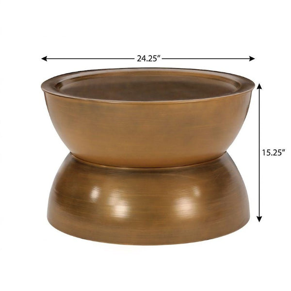 15 Inch Antiqued Gold Iron Hourglass Side Table with Distressed Glam Finish