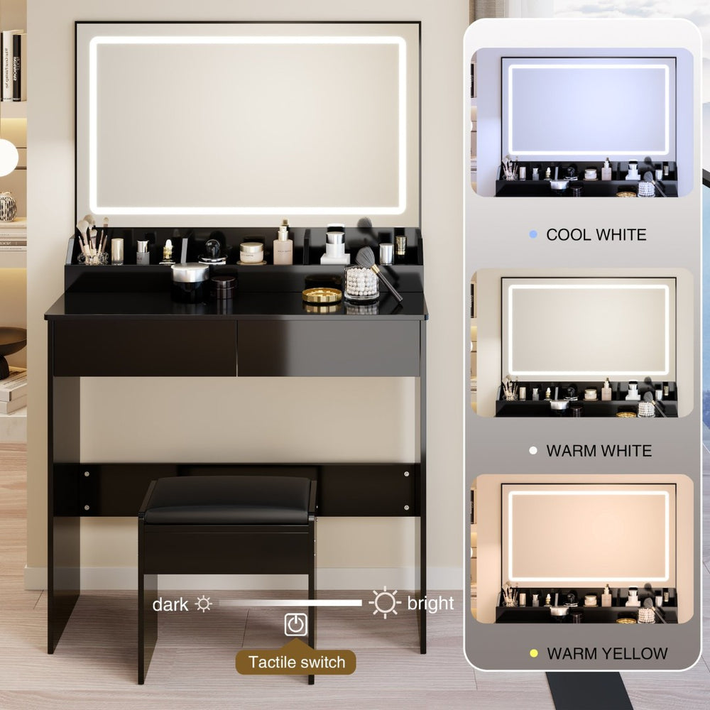 English Elm 31" X 20" Led Vanity Table Set with Cushioned Stool Touch Lighting Small Space Black W3258P453342