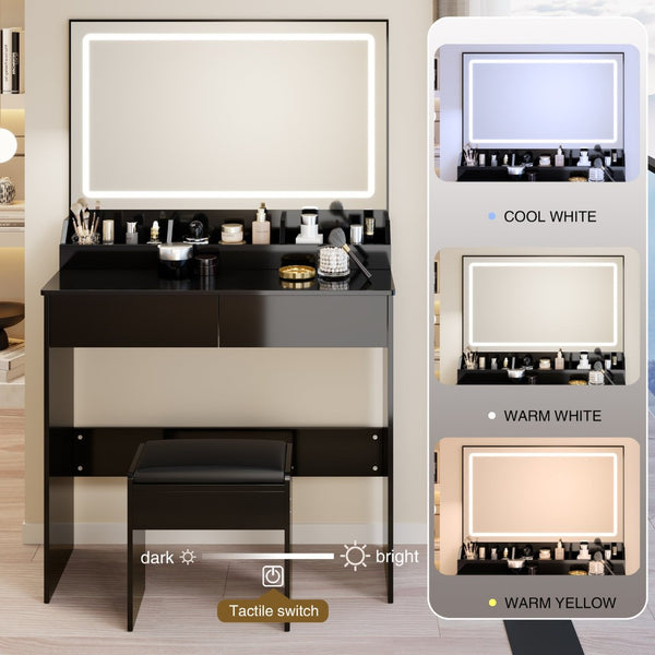 English Elm 31" X 20" Led Vanity Table Set with Cushioned Stool Touch Lighting Small Space Black W3258P453342
