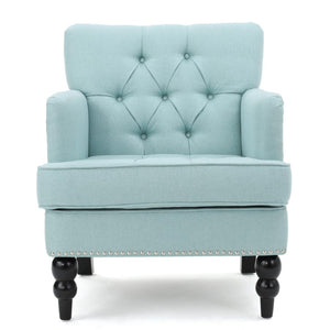 28 Inch Upholstered Club Chair in Light Blue Fabric with Solid Wood Legs Accent