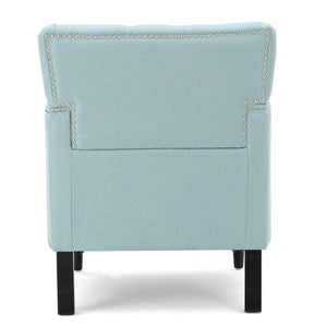 28 Inch Upholstered Club Chair in Light Blue Fabric with Solid Wood Legs Accent