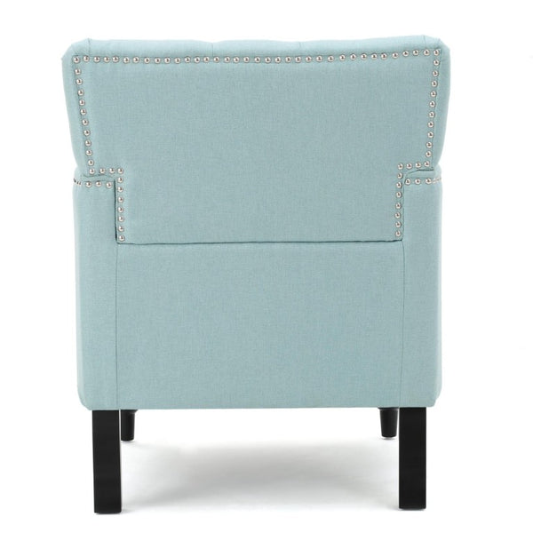 28 Inch Upholstered Club Chair in Light Blue Fabric with Solid Wood Legs Accent