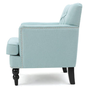 28 Inch Upholstered Club Chair in Light Blue Fabric with Solid Wood Legs Accent
