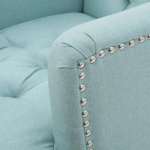 28 Inch Upholstered Club Chair in Light Blue Fabric with Solid Wood Legs Accent