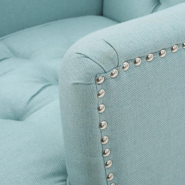 28 Inch Upholstered Club Chair in Light Blue Fabric with Solid Wood Legs Accent