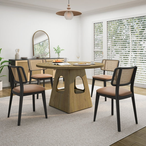 English Elm Round Farmhouse Dining Table 47 Inch Wooden Top with Lower Storage Shelf Seats Six Natural W757P367148