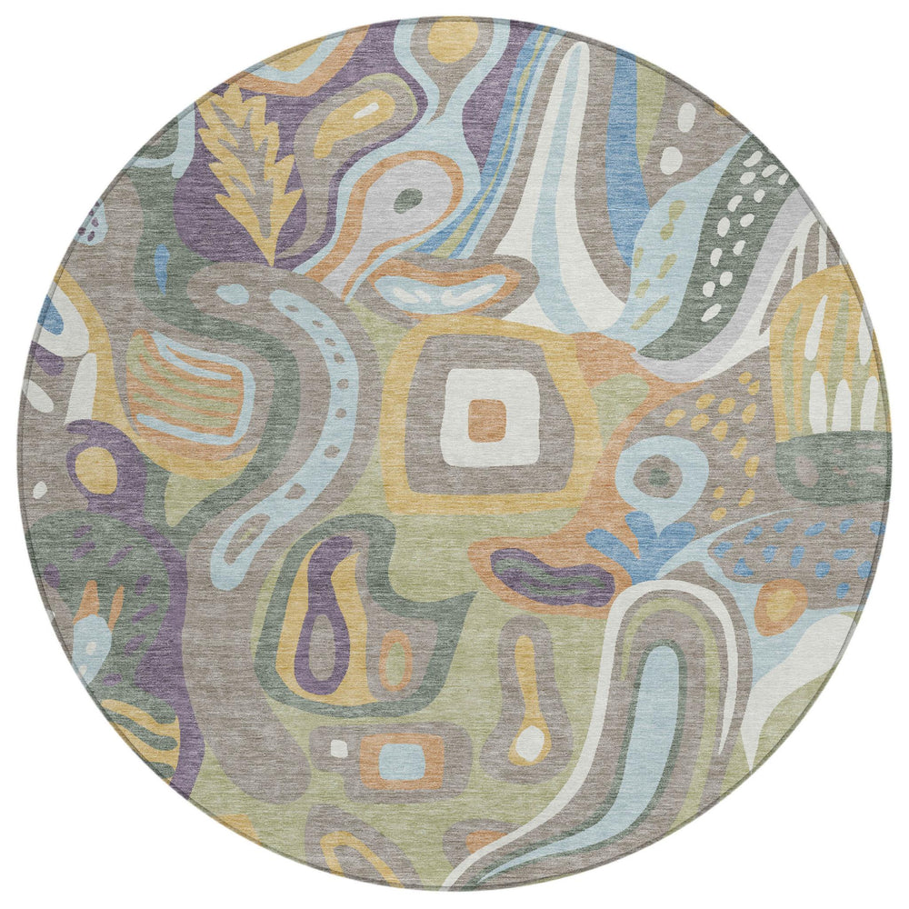 HomeRoots 8 Foot Round Abstract Geometric Rug Washable Polyester Indoor Outdoor Sage Green 727113