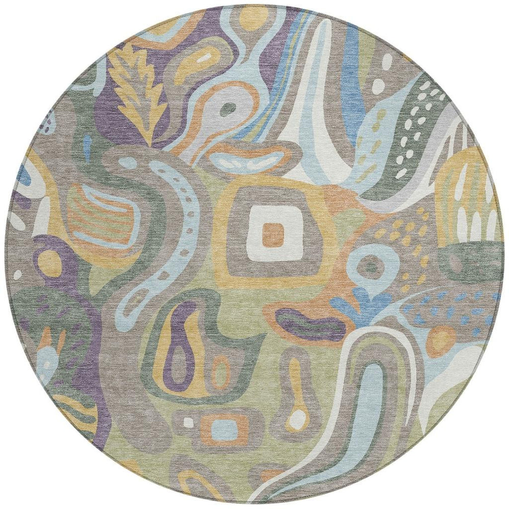 HomeRoots 8 Foot Round Abstract Geometric Rug Washable Polyester Indoor Outdoor Sage Green 727113
