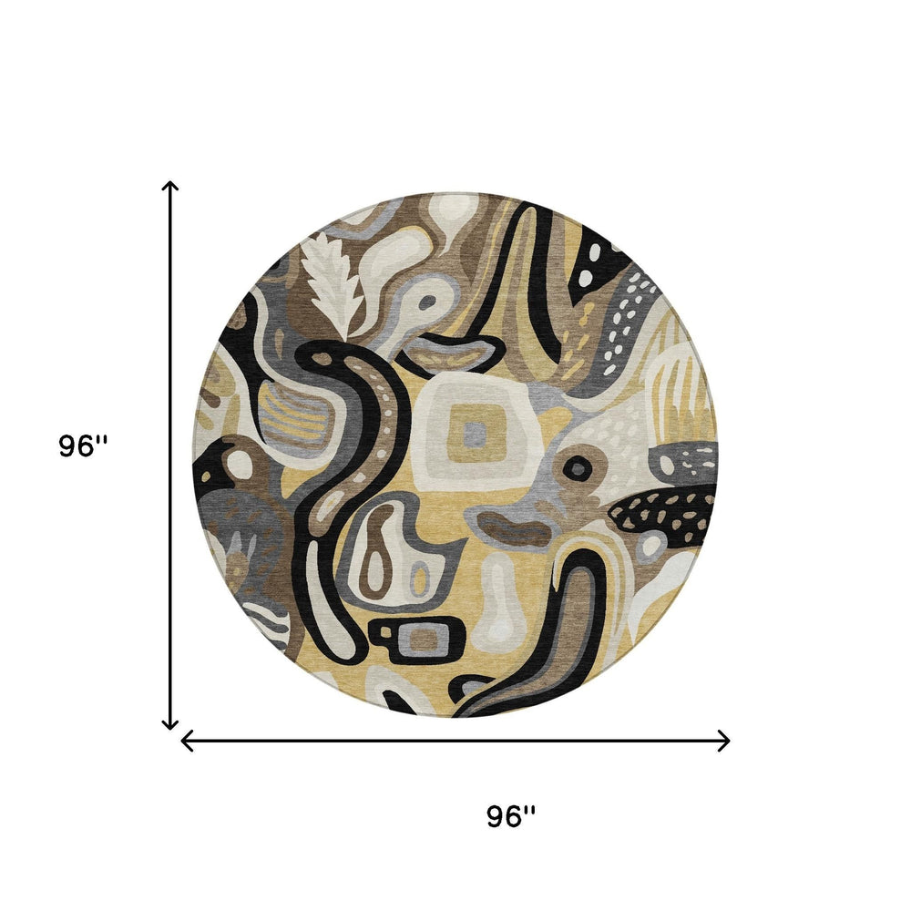 8 Foot Round Abstract Polyester Area Rug in Warm Gold Machine Washable Indoor Outdoor
