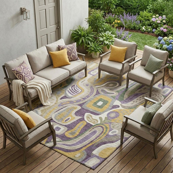 8x10 Abstract Polyester Area Rug Bold Plum Green Washable Indoor Outdoor Patio