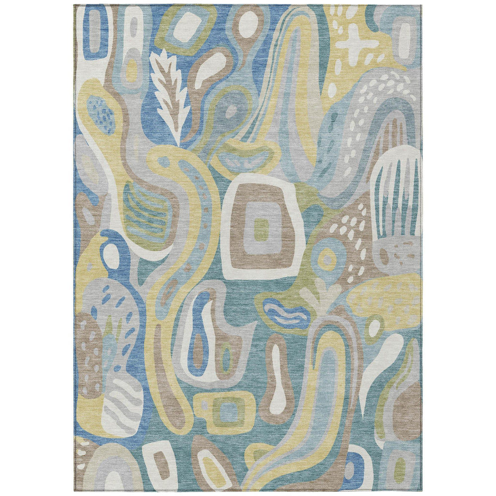 HomeRoots Abstract Teal Washable Polyester Area Rug for Indoor Outdoor Patios and Living Rooms 5' x 8' 727136