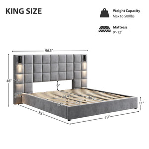 English Elm Upholstered King Bed Wide Velvet Headboard Built-in Reading Lamps and Usb Ports N757K200132G