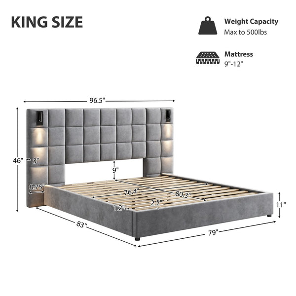 English Elm Upholstered King Bed Wide Velvet Headboard Built-in Reading Lamps and Usb Ports N757K200132G