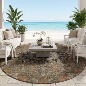 8' Round Floral Medallion Polyester Area Rug Washable for Patio and Indoor Use