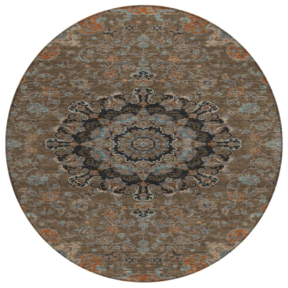 HomeRoots 8' Round Floral Medallion Polyester Area Rug Washable for Patio and Indoor Use 727155