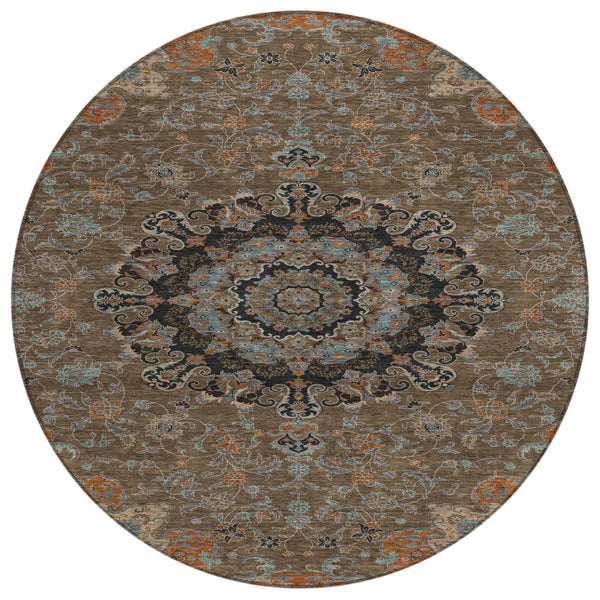 HomeRoots 8' Round Floral Medallion Polyester Area Rug Washable for Patio and Indoor Use 727155
