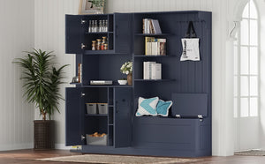 English Elm Multifunctional Modular Hall Tree Cabinet with Open Shelves and Hooks for Entryway Antique Blue W1580S00520