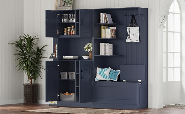 English Elm Multifunctional Modular Hall Tree Cabinet with Open Shelves and Hooks for Entryway Antique Blue W1580S00520