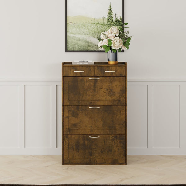 English Elm 31.49 Modern solid wood shoe cabinet with three flip tiers, compact 31.5x9.6x49.2 for organized entryways Brown W1278S00042
