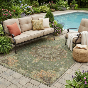 Floral Medallion Polyester Area Rug Washable Uv Resistant for Indoor Outdoor Patio Living Room