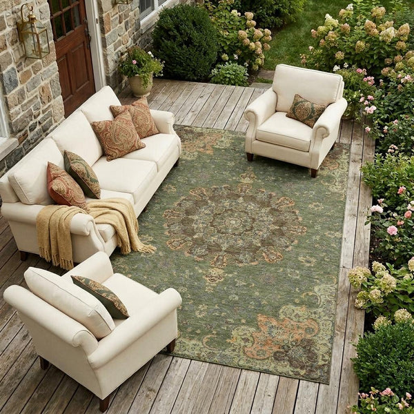 Floral Medallion Polyester Area Rug Washable Uv Resistant for Indoor Outdoor Patio Living Room