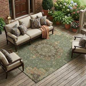 Floral Medallion Polyester Area Rug Washable Uv Resistant for Indoor Outdoor Patio Living Room