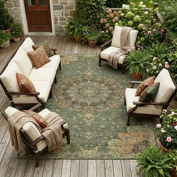 Floral Medallion Polyester Area Rug Washable Uv Resistant for Indoor Outdoor Patio Living Room