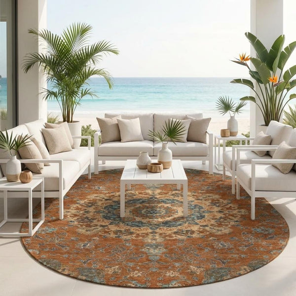 8 Ft Round Floral Medallion Polyester Rug Washable Uv Resistant Indoor Outdoor Decor