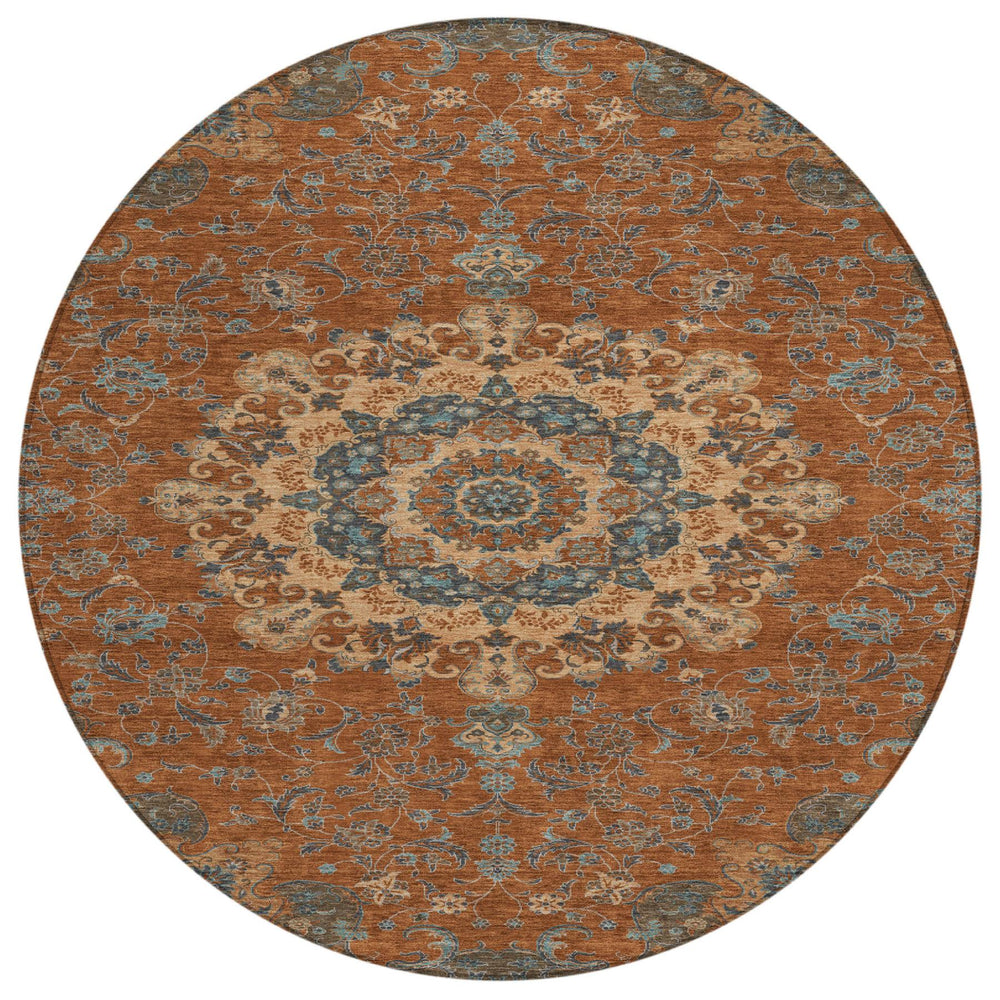 HomeRoots 8 Ft Round Floral Medallion Polyester Rug Washable Uv Resistant Indoor Outdoor Decor 727179