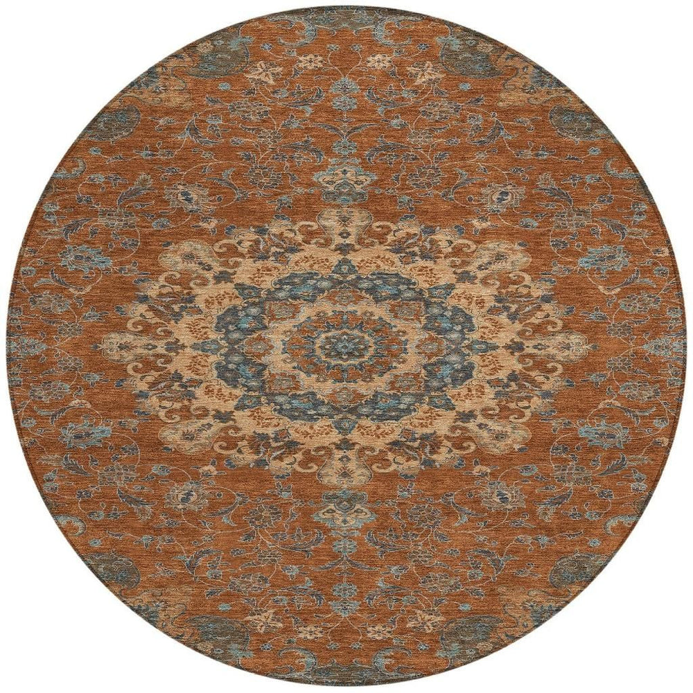 HomeRoots 8 Ft Round Floral Medallion Polyester Rug Washable Uv Resistant Indoor Outdoor Decor 727179