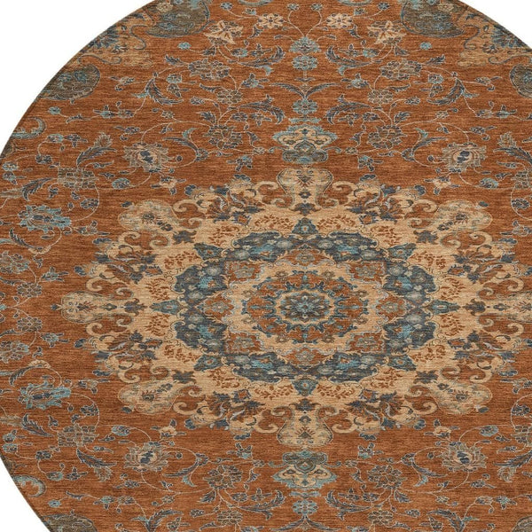 8 Ft Round Floral Medallion Polyester Rug Washable Uv Resistant Indoor Outdoor Decor