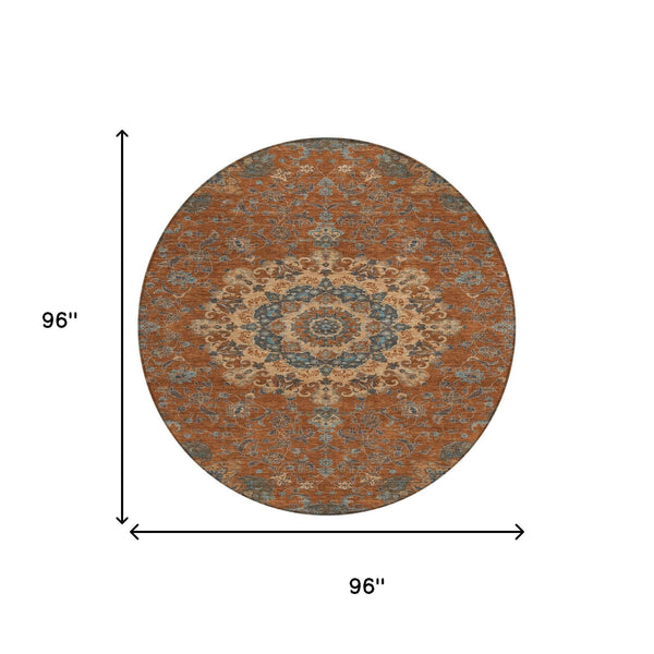 8 Ft Round Floral Medallion Polyester Rug Washable Uv Resistant Indoor Outdoor Decor