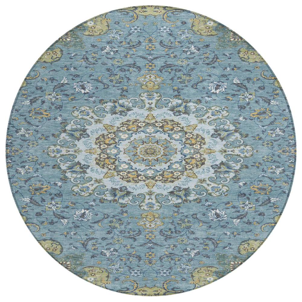 HomeRoots 8 Ft Round Floral Medallion Polyester Rug Teal Gold Indoor Outdoor Washable 727185