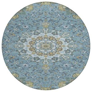 HomeRoots 8 Ft Round Floral Medallion Polyester Rug Teal Gold Indoor Outdoor Washable 727185