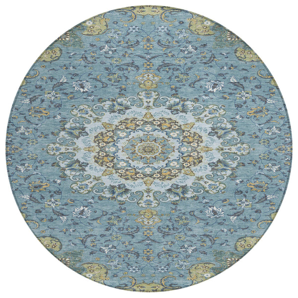 HomeRoots 8 Ft Round Floral Medallion Polyester Rug Teal Gold Indoor Outdoor Washable 727185