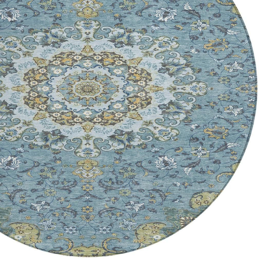 HomeRoots 8 Ft Round Floral Medallion Polyester Rug Teal Gold Indoor Outdoor Washable 727185