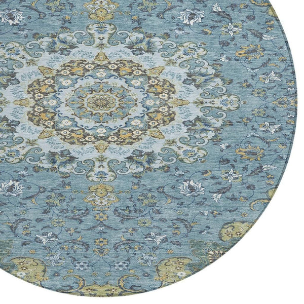 8 Ft Round Floral Medallion Polyester Rug Teal Gold Indoor Outdoor Washable